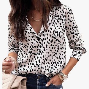 ECOWISH Womens Casual V Neck Leopard Tunic Long Sleeve Button Down Shirt small S